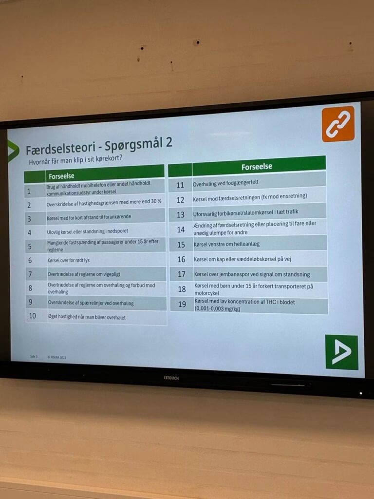 Undervisningsskærm med en teoriopgave om færdsel hos DEKRA.